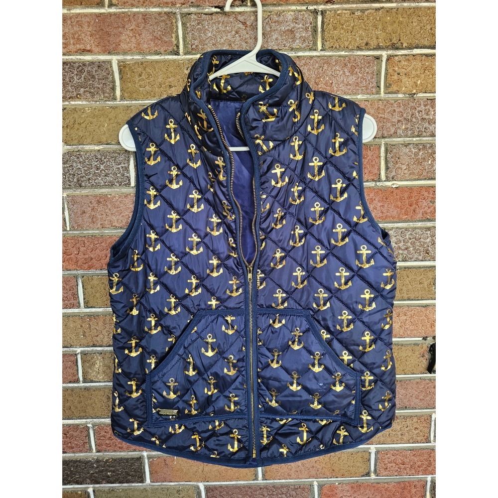 Simply Southern Navy Blue Gold Anchor Quilted Puffer Vest Womens Medium